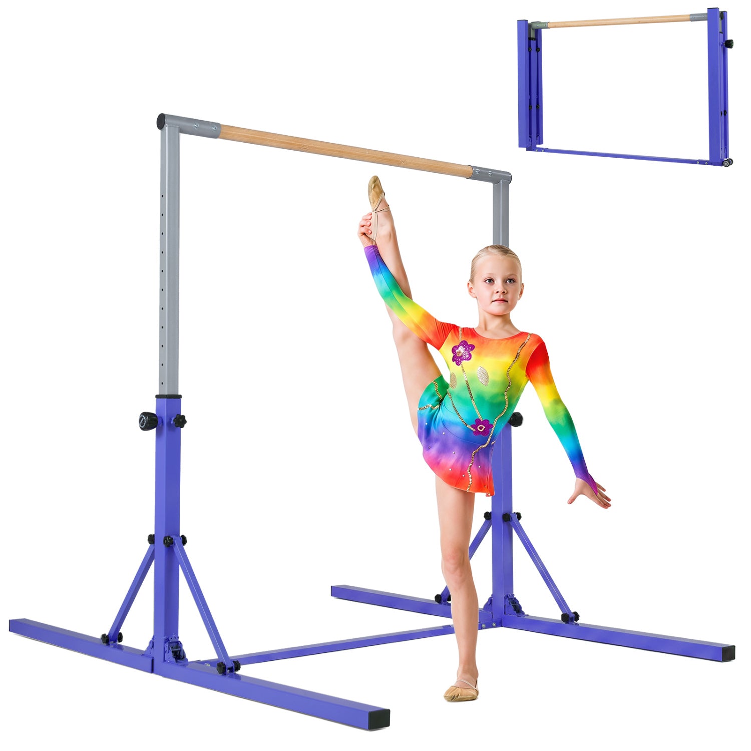Blue foldable gymnastics bar for kids with 3 adjustable height levels, suitable for home exercise and gymnastics practice.