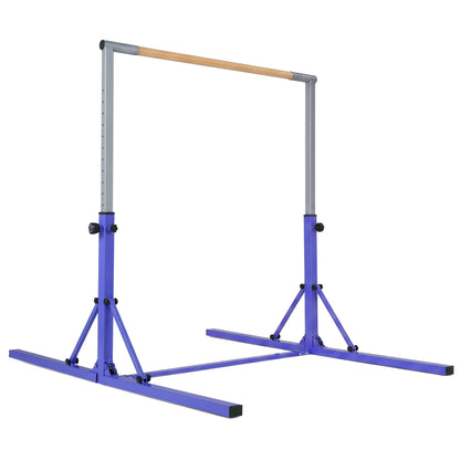 Blue foldable gymnastics bar for kids with 3 adjustable height levels, suitable for home sports and gymnastics practice.