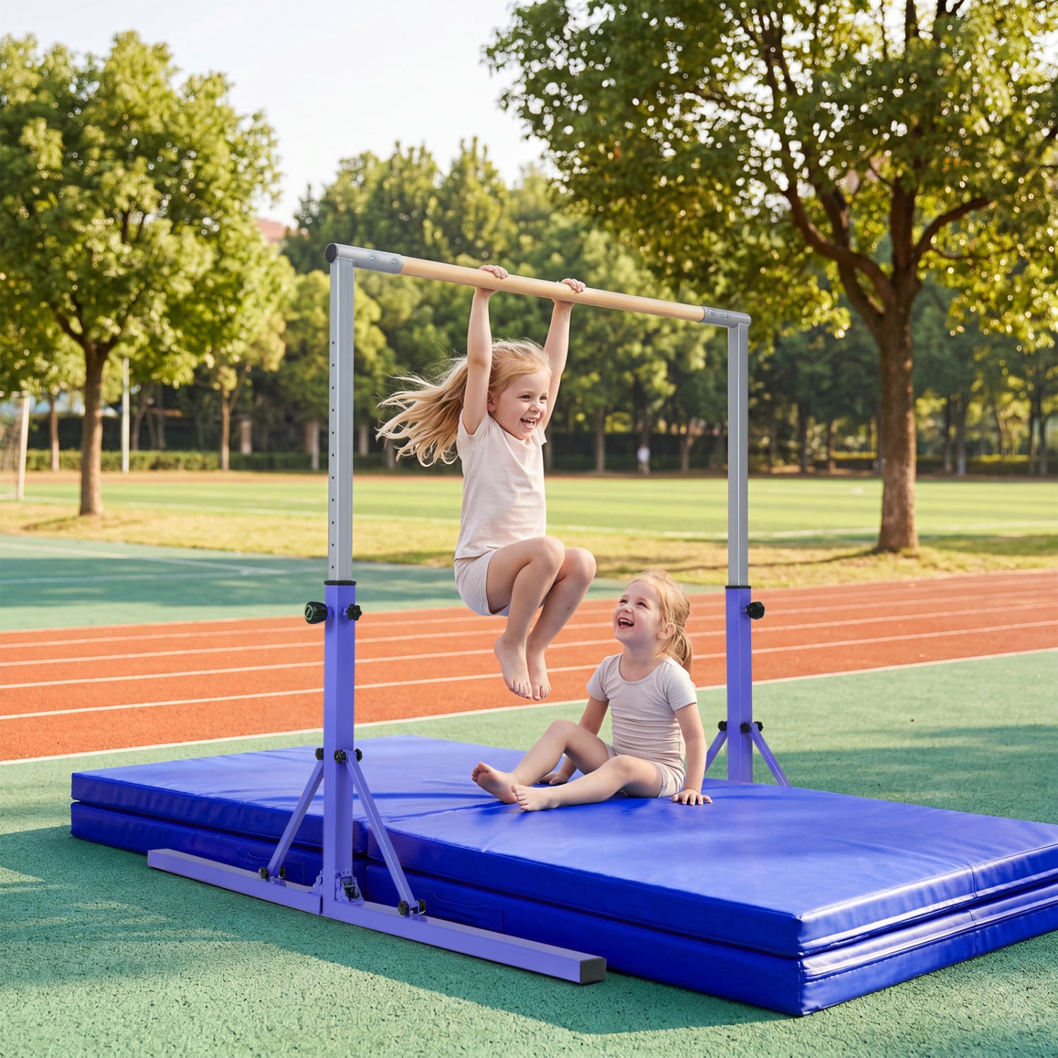 Blue foldable gymnastics bar for kids with 3-level adjustable heights, suitable for home gym and gymnastics practice.