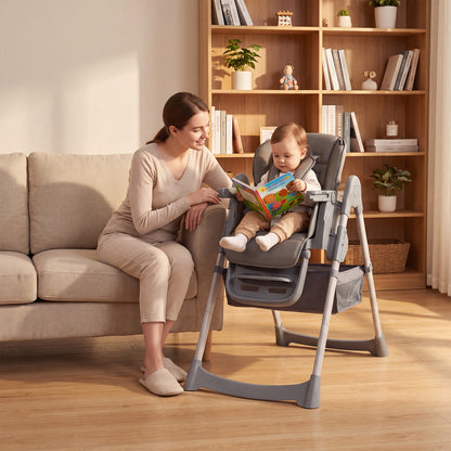 Foldable High Chair with 7-Level Height Adjustment for Babies and Toddlers-Gray