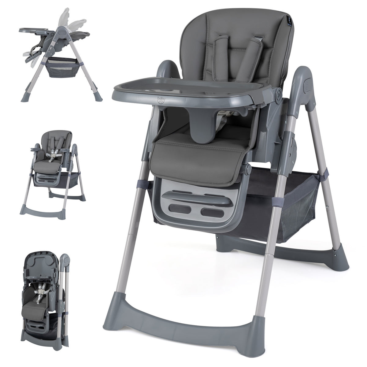 Foldable High Chair with 7-Level Height Adjustment for Babies and Toddlers-Gray