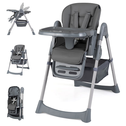 Foldable High Chair with 7-Level Height Adjustment for Babies and Toddlers-Gray