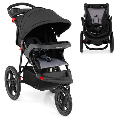 Foldable Jogging Stroller with Detachable Tray and Air-Filled Rubber Tires-Black