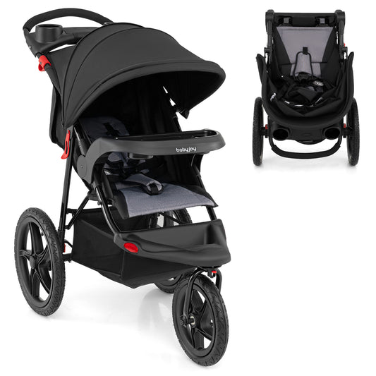 Foldable Jogging Stroller with Detachable Tray and Air-Filled Rubber Tires-Black