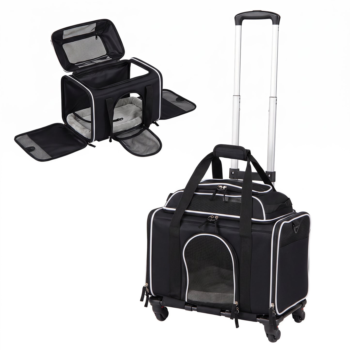 Foldable Pet Carrier with Wheels Airline Approved Rolling Cat and Dog Carrier-Black