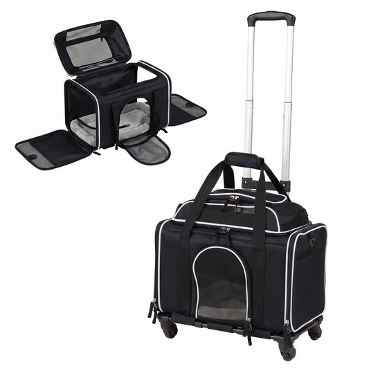 Black foldable pet carrier with wheels, airline approved rolling carrier for cats and dogs, suitable for travel.