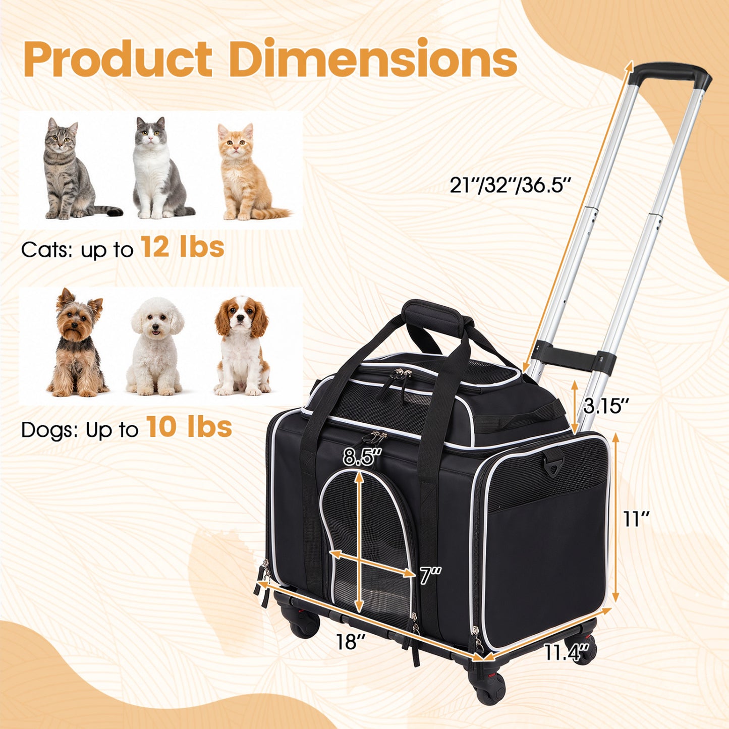 Foldable Pet Carrier with Wheels Airline Approved Rolling Cat and Dog Carrier-Black