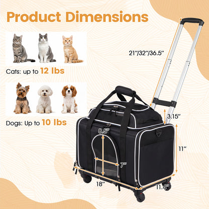 Foldable Pet Carrier with Wheels Airline Approved Rolling Cat and Dog Carrier-Black