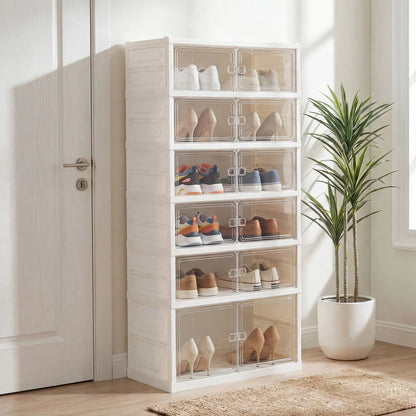 Foldable Shoe Rack Organizer 12-Pair 6-Tier Collapsible Shoe Cabinet-White