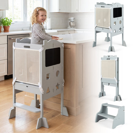 Foldable Toddler Step Stool with Chalkboards 2-Step Stool-Gray