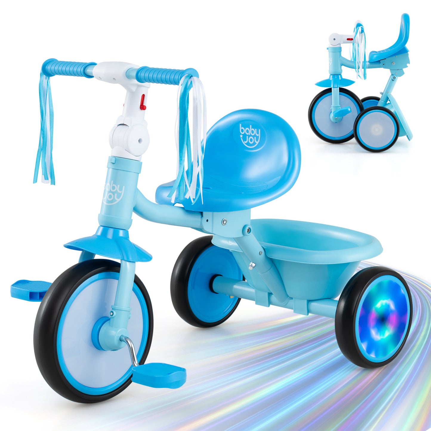 Foldable Toddler Tricycle with Lighting Wheels and Basket for 2-5 Year Old-Blue