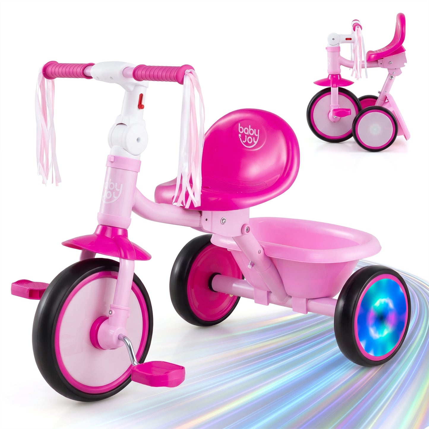 Foldable Toddler Tricycle with Lighting Wheels and Basket for 2-5 Year Old-Blue