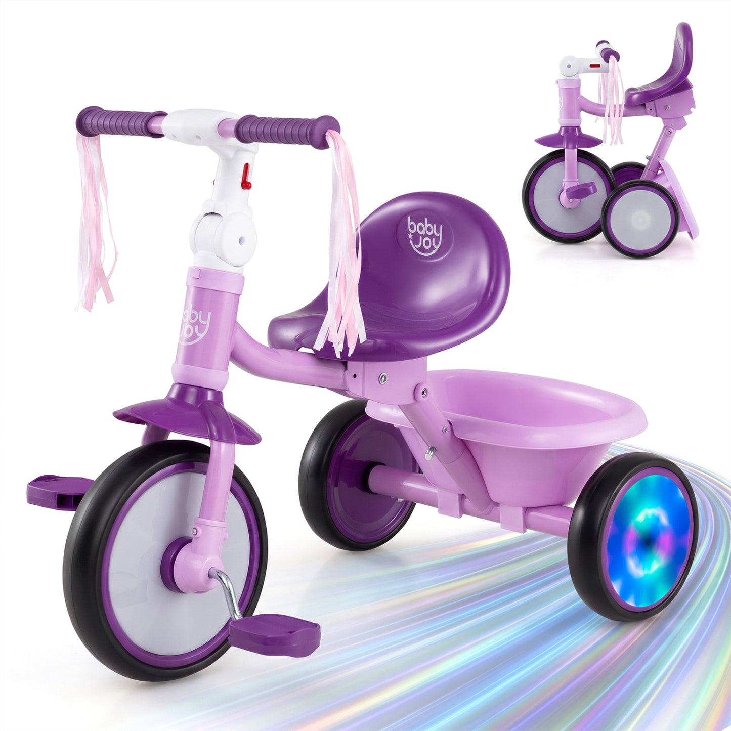 Foldable Toddler Tricycle with Lighting Wheels and Basket for 2-5 Year Old-Blue