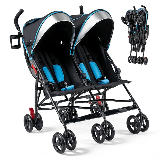 Foldable navy twin baby stroller by Wilsons Home Store with lightweight umbrella design, suitable for infants and toddlers.