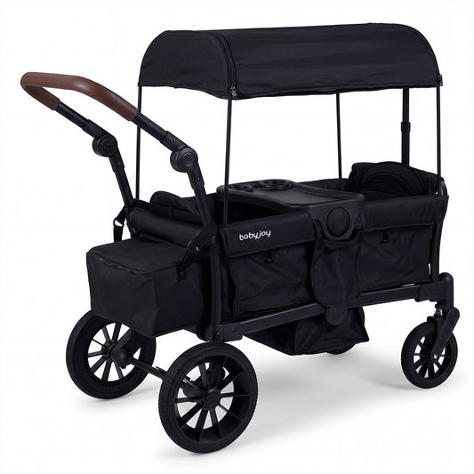 Black foldable wagon stroller for two kids with removable canopy, suitable for toddlers, designed for easy transport and convenience.