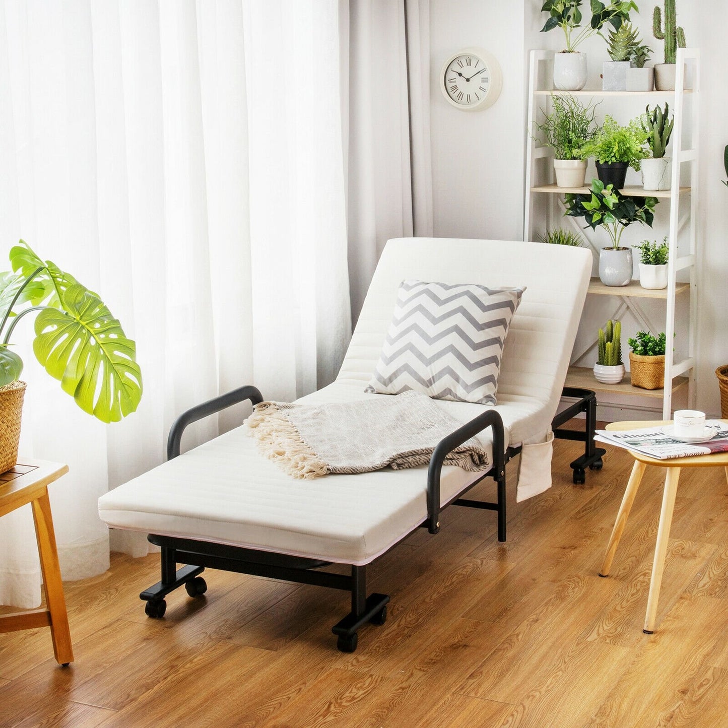 Adjustable Guest Single Bed Lounge Portable Wheels-Brown