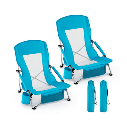Folding Beach Chairs Set of 2 Portable Lightweight Low Seat Chairs with Padded Armrests-Blue