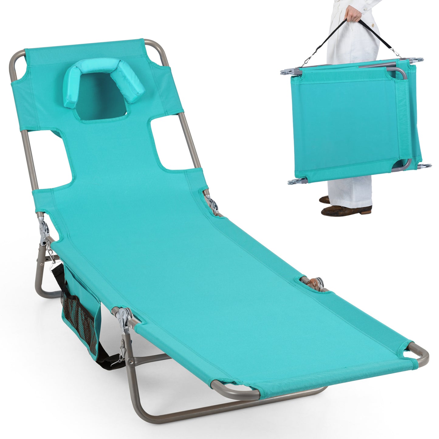 Folding Beach Lounge Chair with Adjustable Backrest for Lawn-Beige