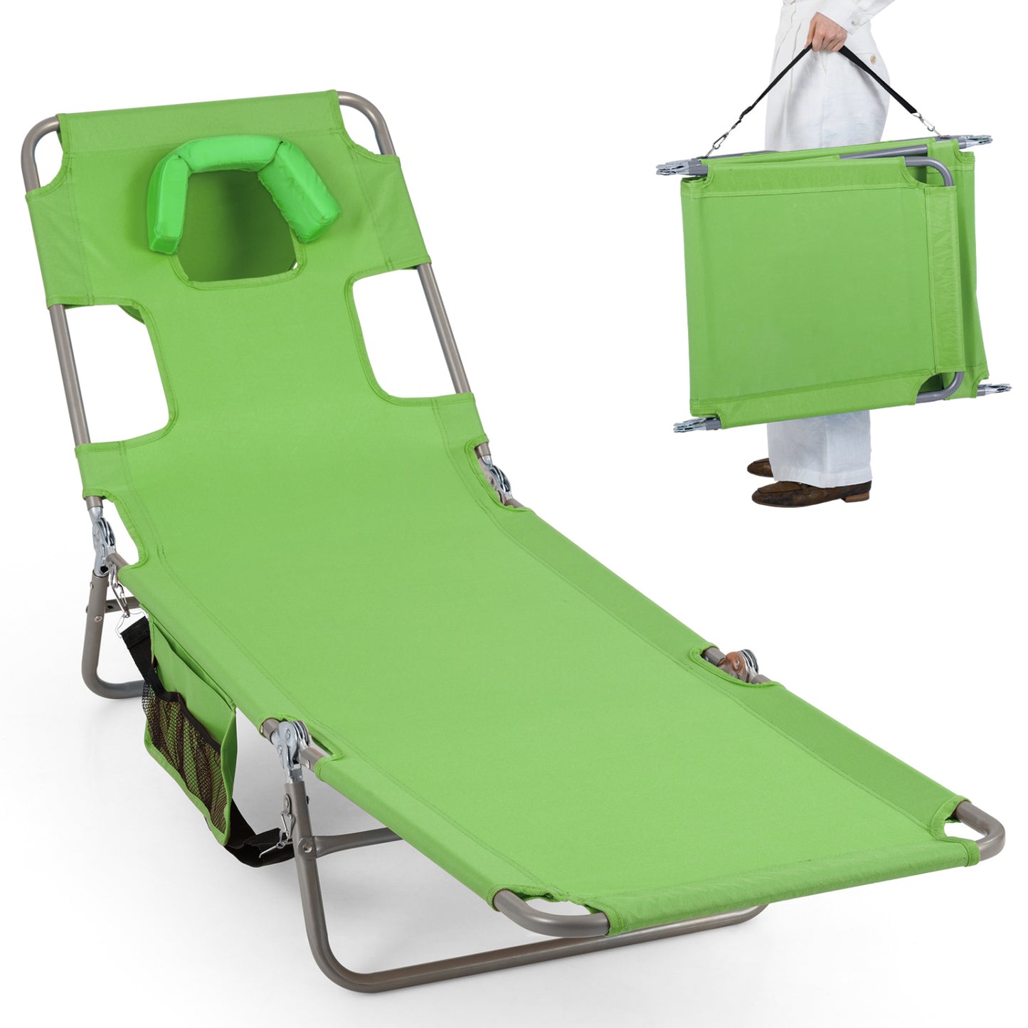 Folding Beach Lounge Chair with Adjustable Backrest for Lawn-Beige