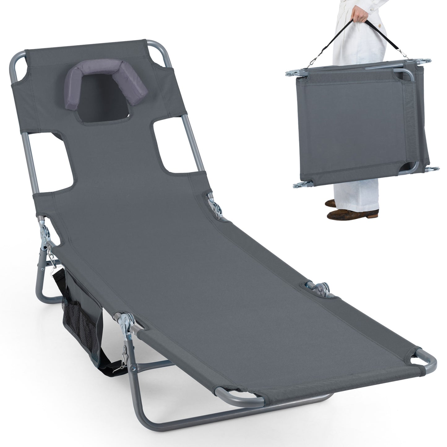 Folding Beach Lounge Chair with Adjustable Backrest for Lawn-Beige