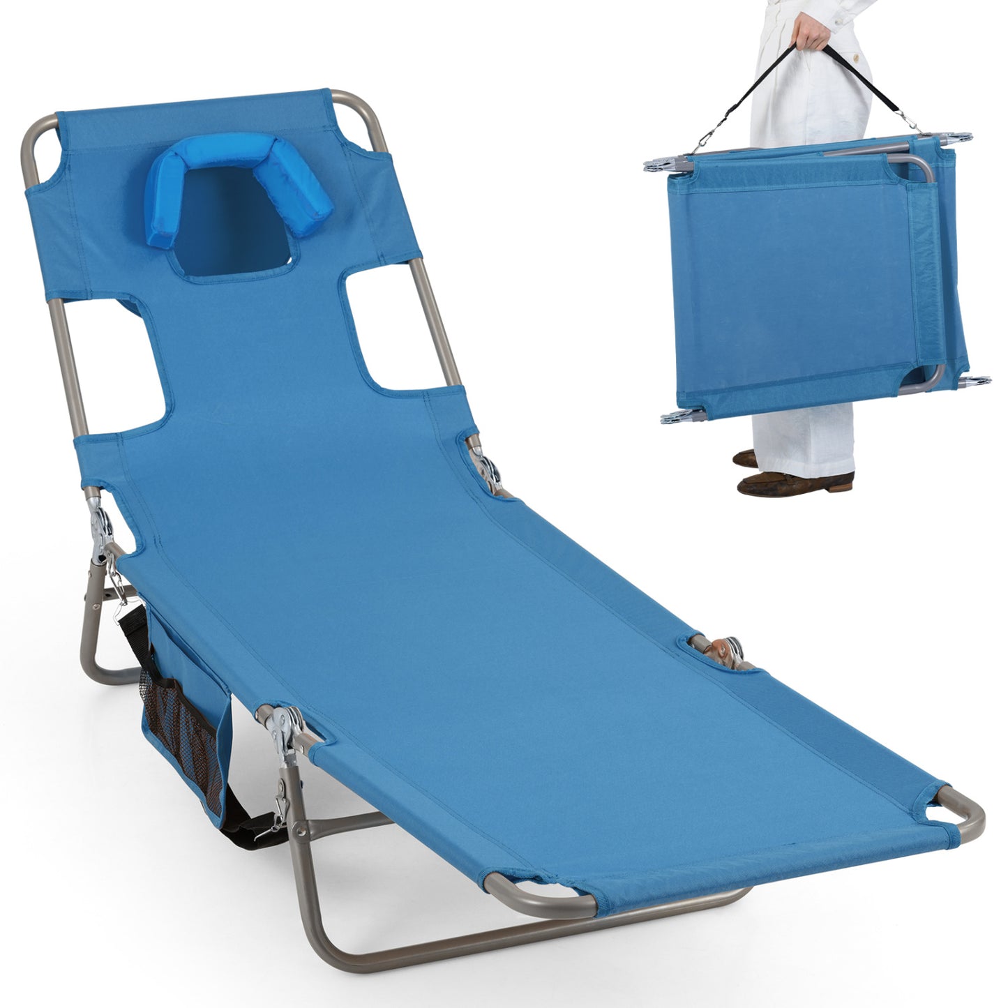 Folding Beach Lounge Chair with Adjustable Backrest for Lawn-Beige