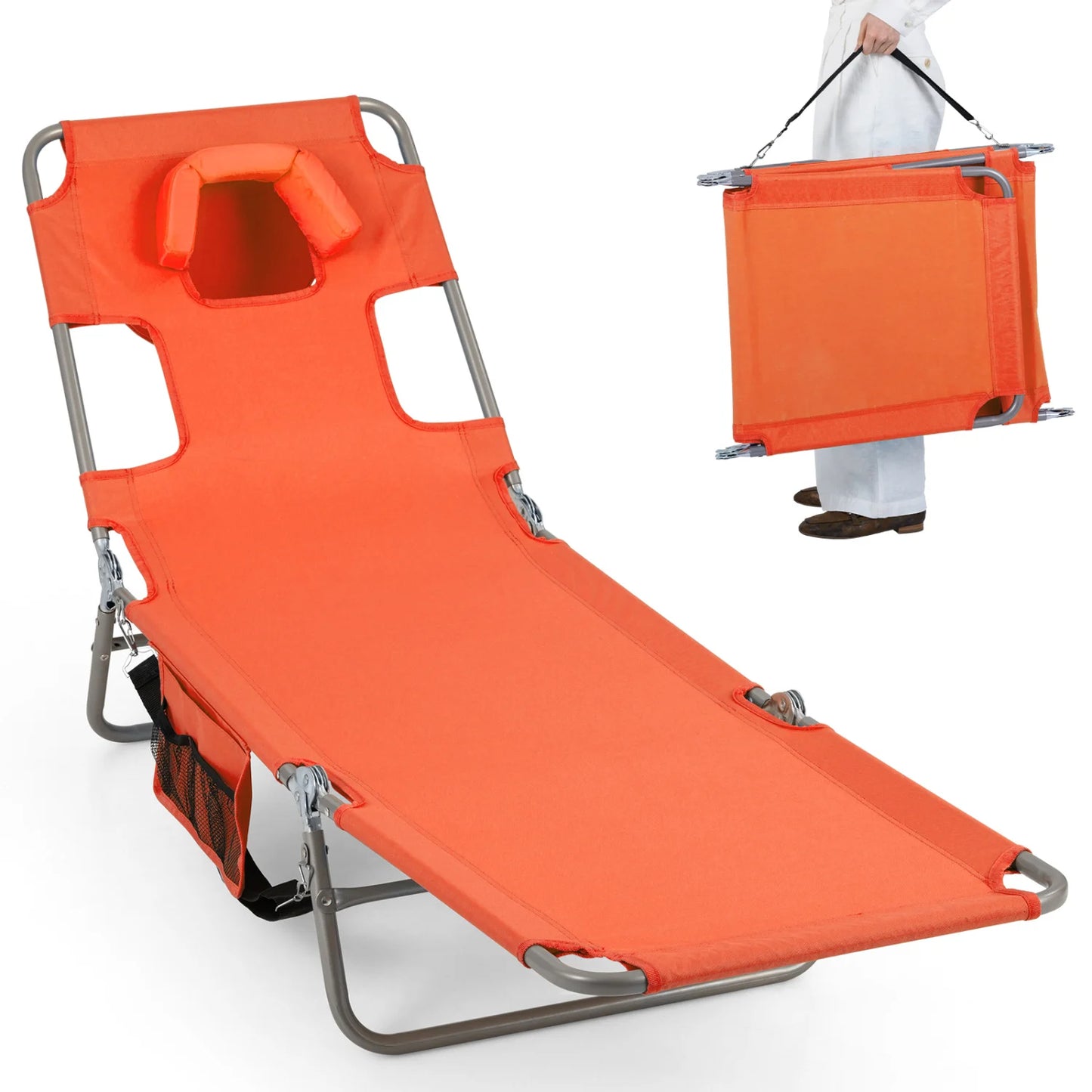 Folding Beach Lounge Chair with Adjustable Backrest for Lawn-Beige