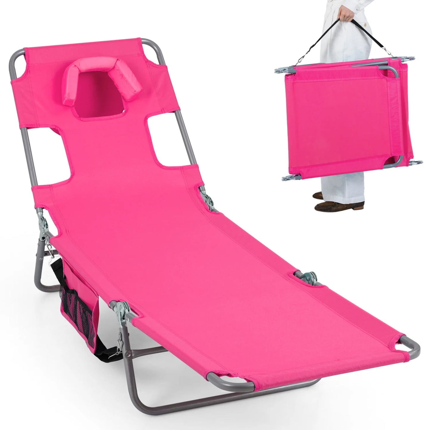 Folding Beach Lounge Chair with Adjustable Backrest for Lawn-Beige