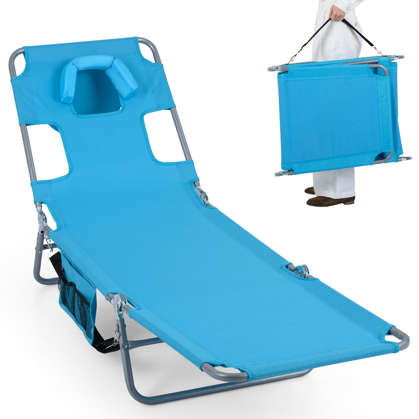 Folding Beach Lounge Chair with Adjustable Backrest for Lawn-Beige