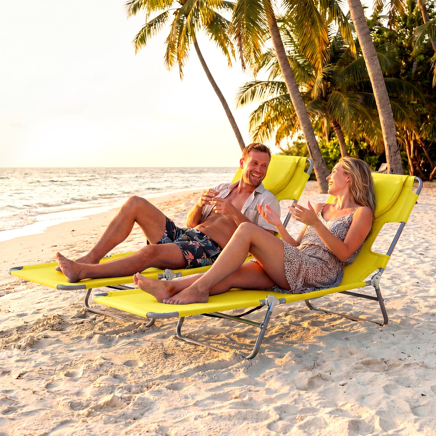 Folding Beach Lounge Chair with Adjustable Backrest for Lawn-Beige