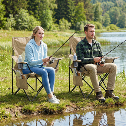 Blue folding camping chair with mesh backrest, solid metal frame, and carrying bag for outdoor camping adventures.