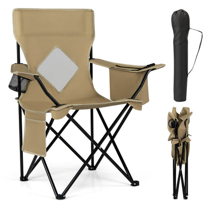 Blue folding camping chair with mesh backrest, solid metal frame, and carrying bag, ideal for outdoor camping adventures.
