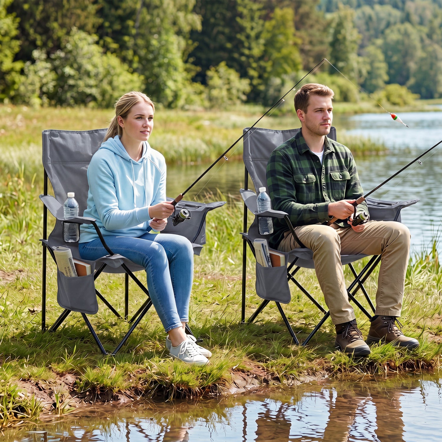 Blue folding camping chair with mesh backrest and metal frame, shown with carrying bag for outdoor camping use.