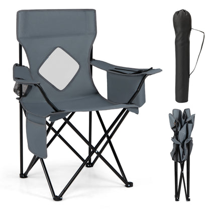 Blue folding camping chair with mesh backrest, solid metal frame, and carrying bag, ideal for outdoor camping.