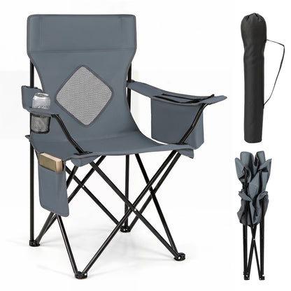 Blue folding camping chair with mesh fabric backrest and metal frame, shown with carrying bag for outdoor camping use.