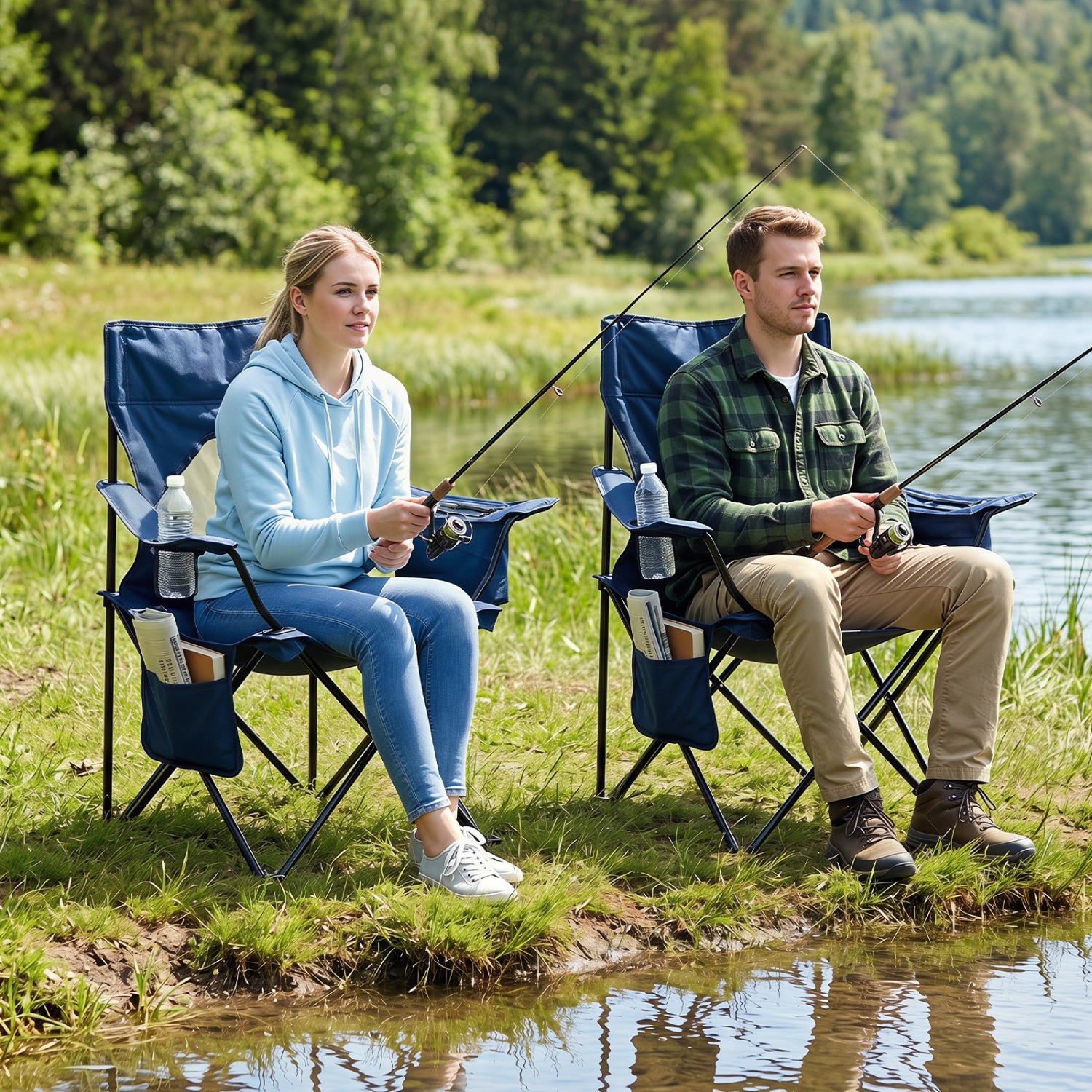 Blue folding camping chair with mesh backrest, solid metal frame, and carrying bag for outdoor camping use.