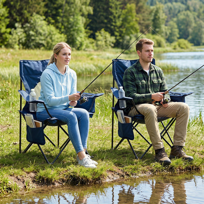 Blue folding camping chair with mesh backrest, solid metal frame, and carrying bag for outdoor camping use.