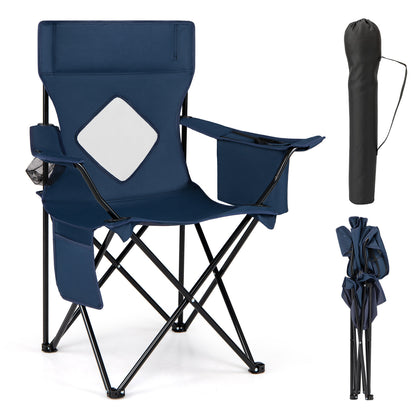 Blue folding camping chair with mesh backrest and metal frame, shown with carrying bag for outdoor camping use.
