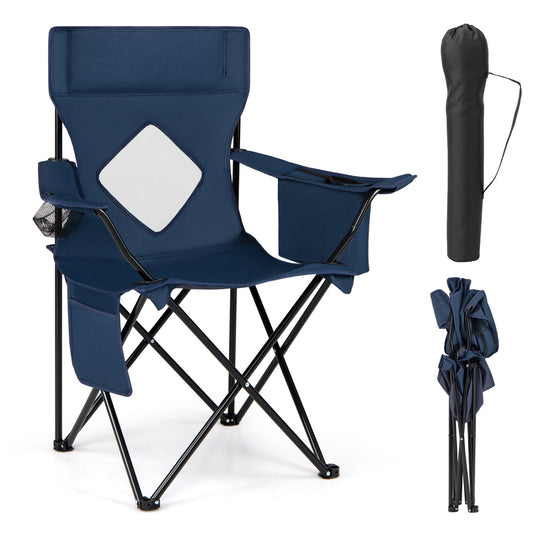 Blue folding camping chair with mesh backrest and metal frame, shown with carrying bag for outdoor camping use.