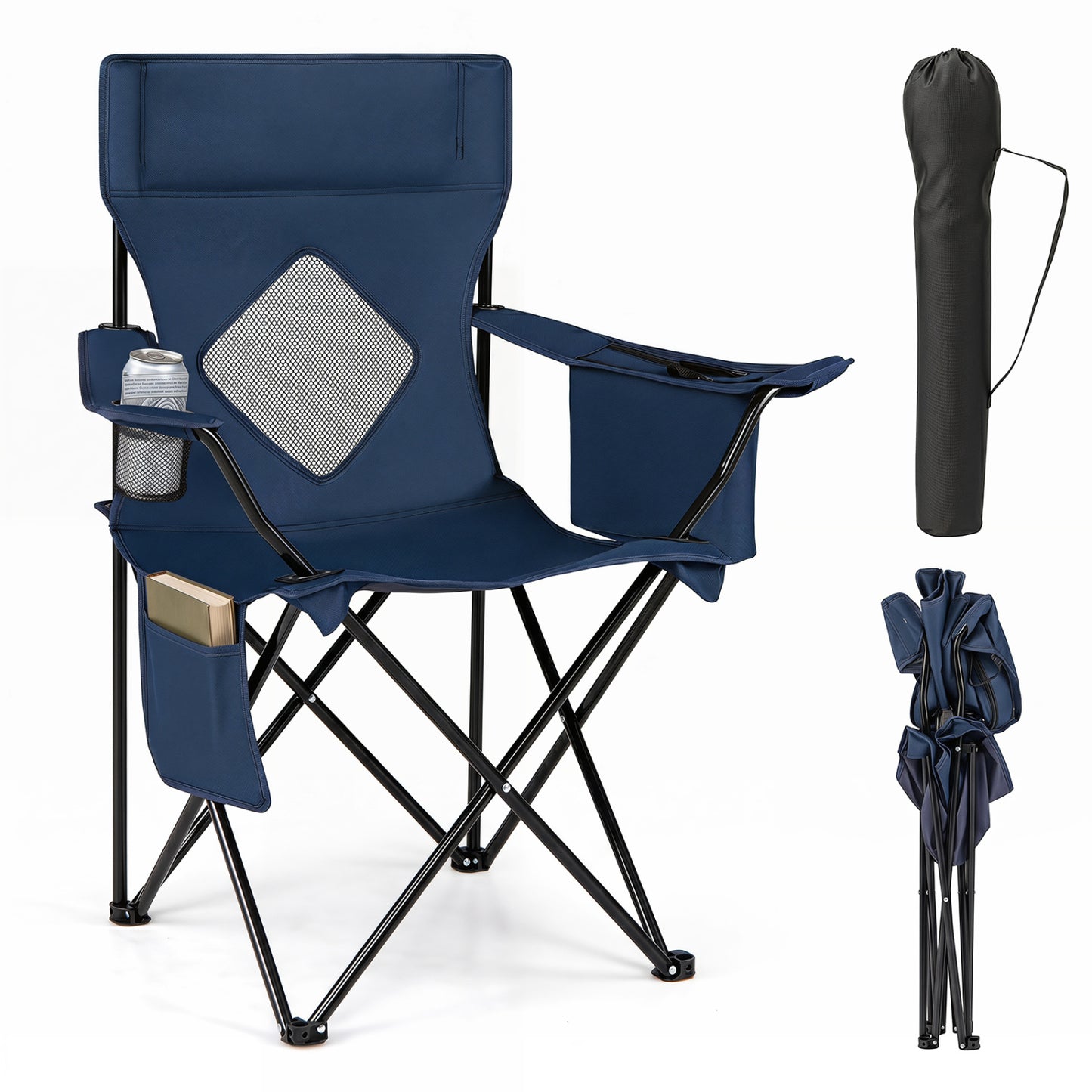 Blue folding camping chair with mesh backrest and solid metal frame, shown with carrying bag for outdoor camping.