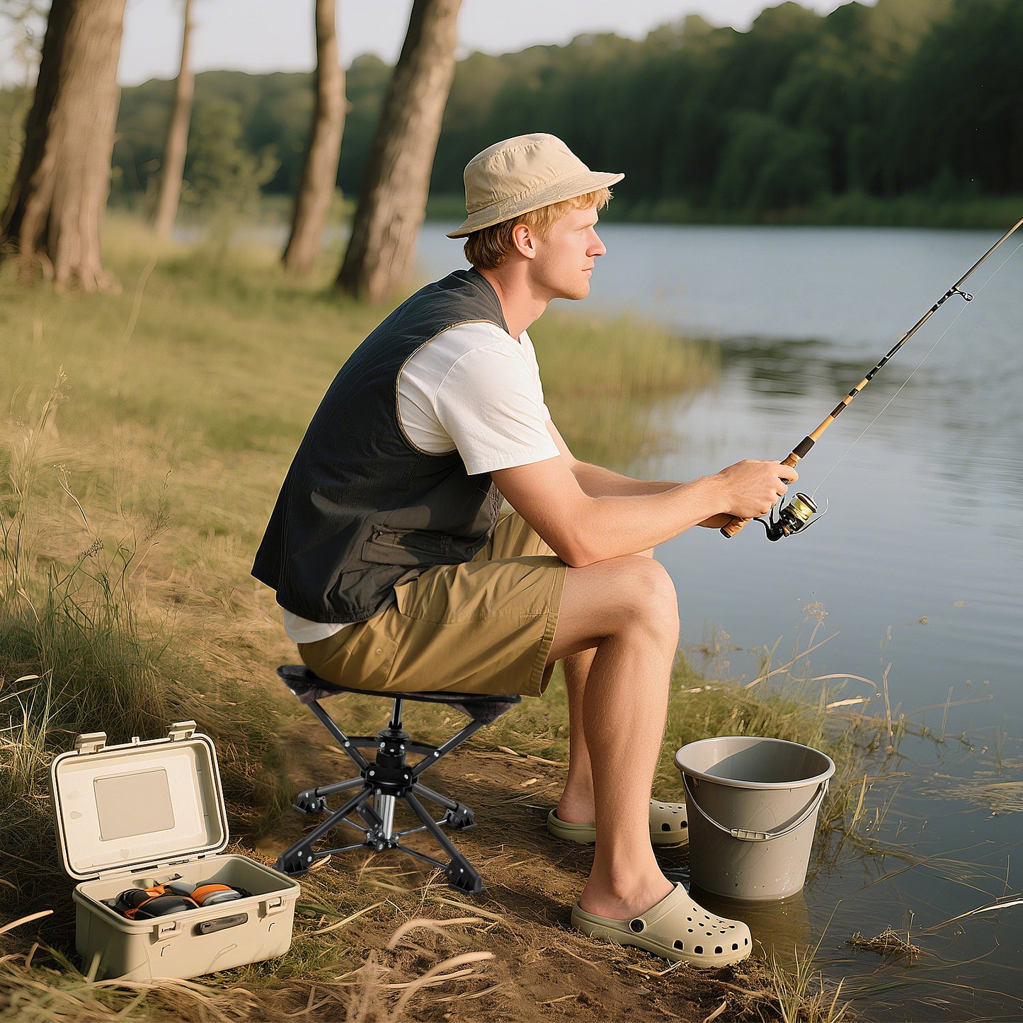 Folding Camping Stool 360° Swivel Hunting Chair with Anti-Sink Feet-Blue