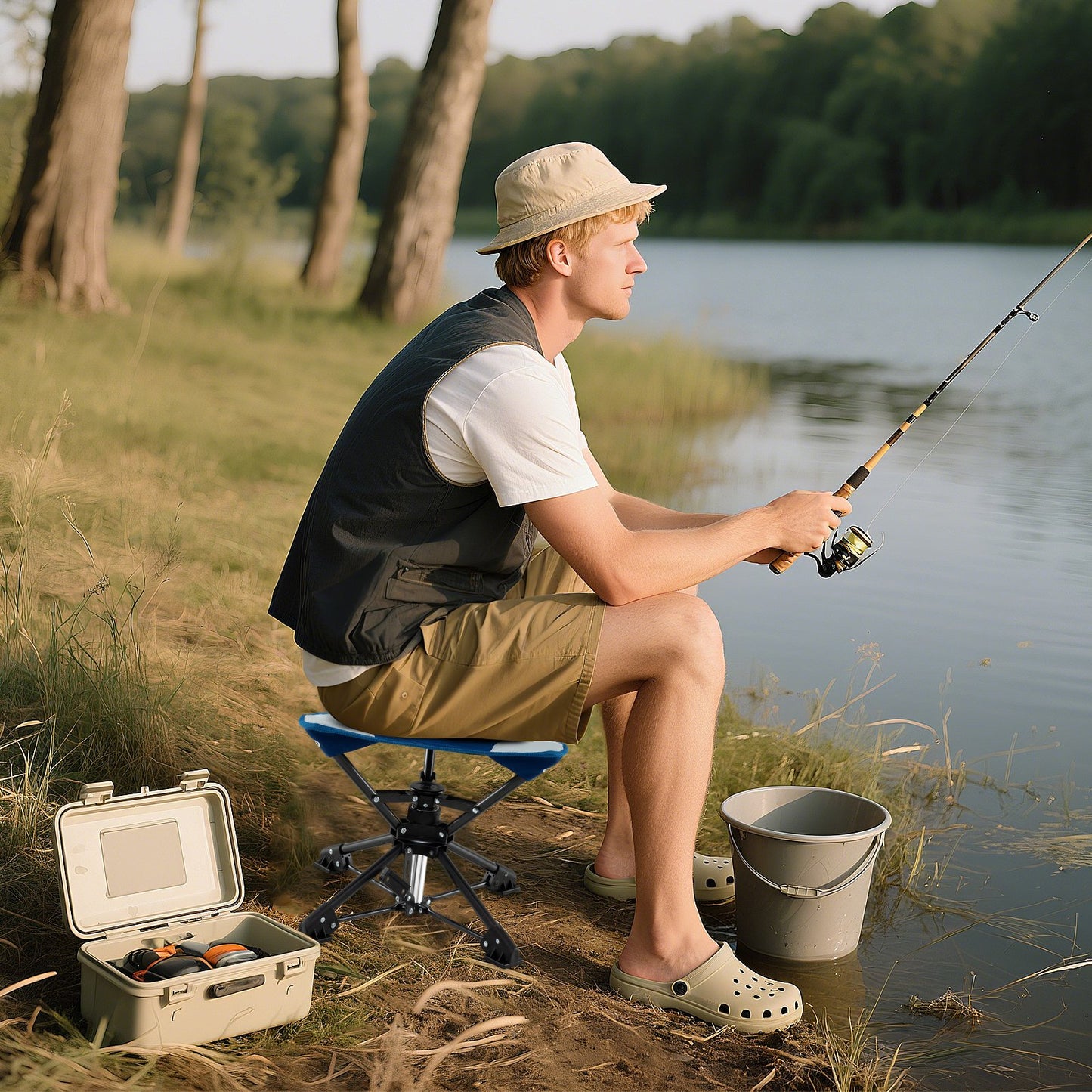 Folding Camping Stool 360° Swivel Hunting Chair with Anti-Sink Feet-Blue