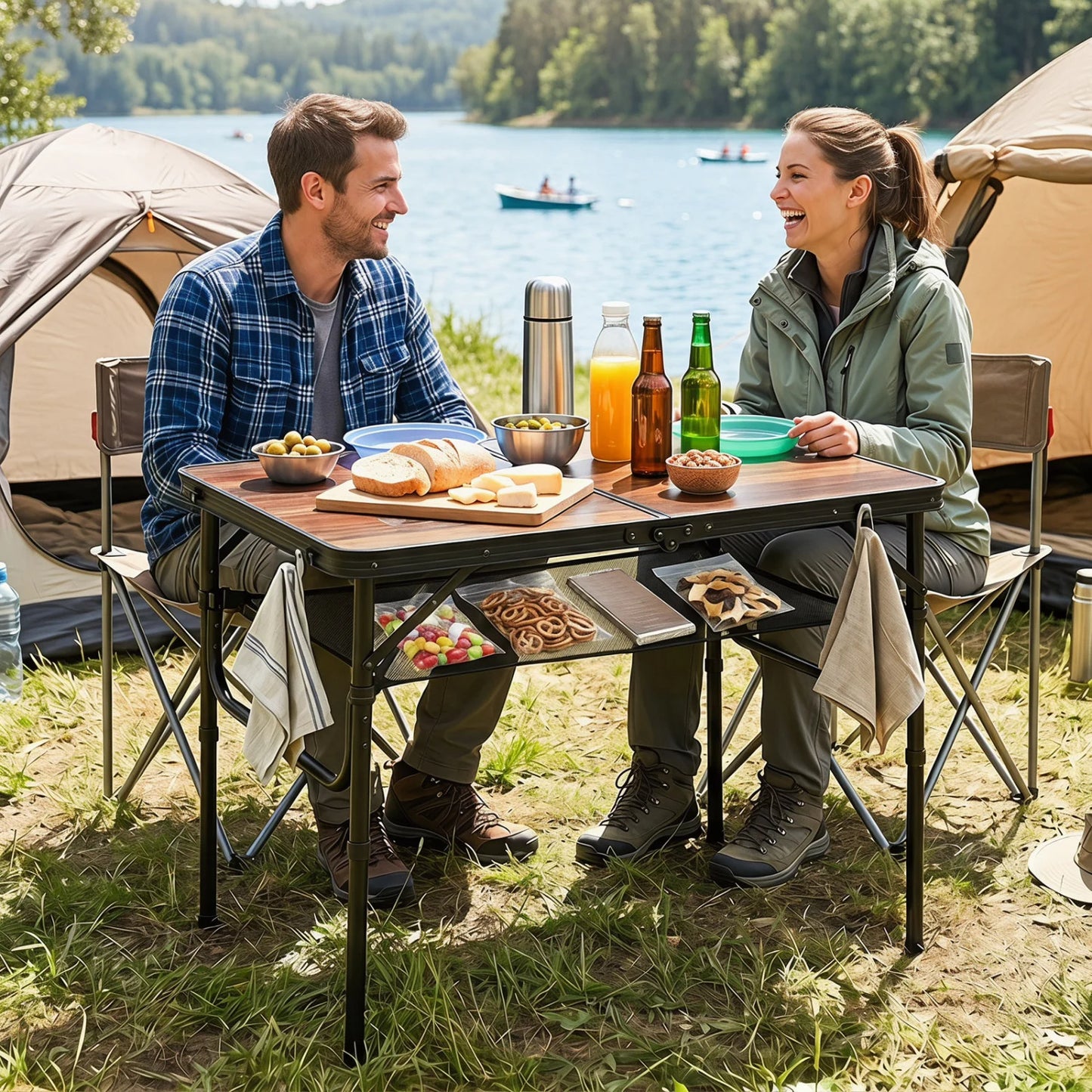 Black and brown folding camping table with adjustable height, storage net, and handle, ideal for outdoor picnic and patio use.