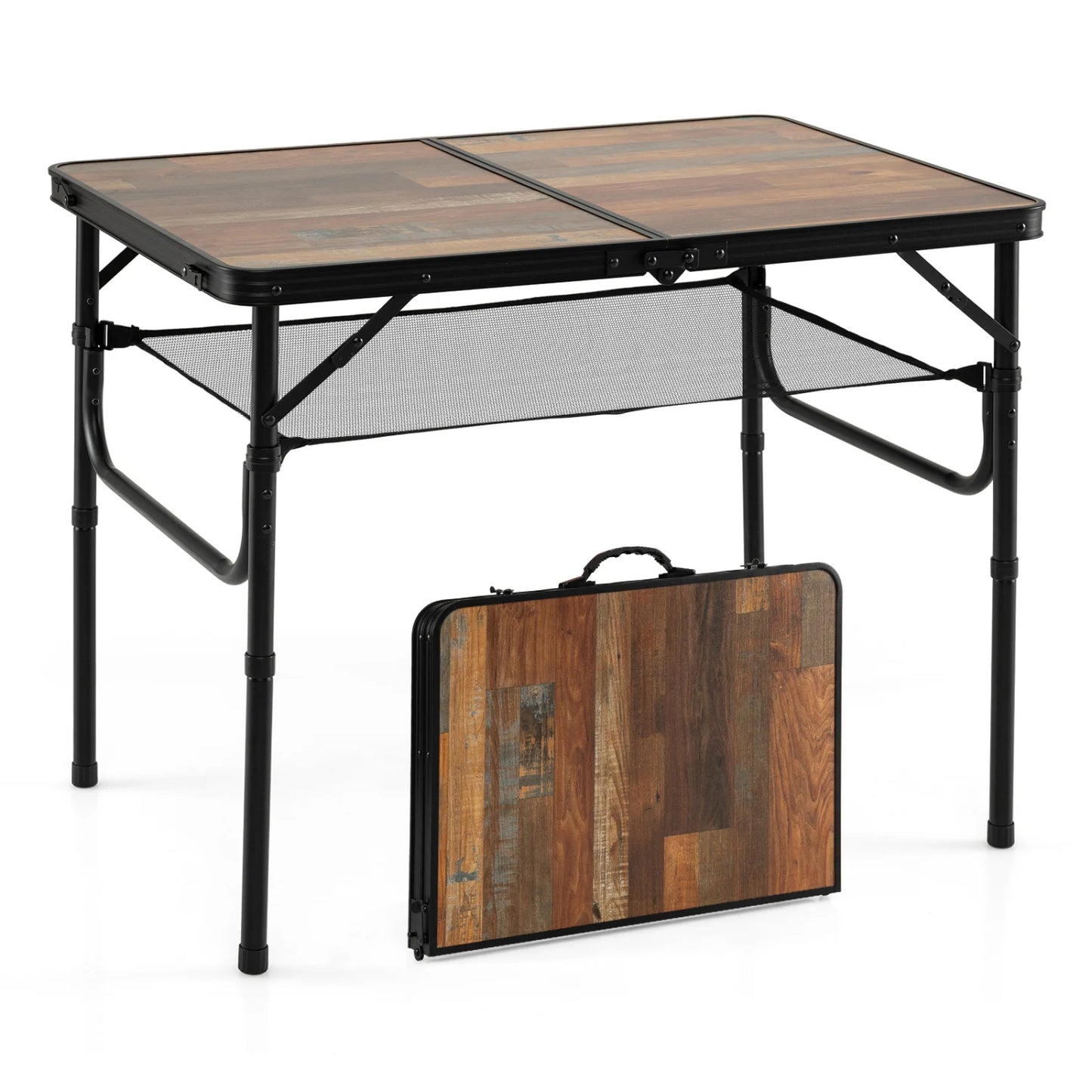 Black and brown folding camping table with adjustable height, storage net, and handle, ideal for outdoor and patio use.