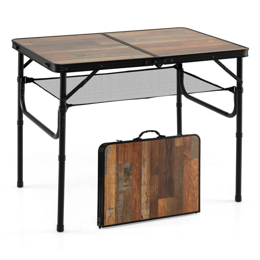 Folding Camping Table with Adjustable Heights Storage Net & Handle-Black & Brown