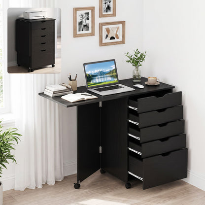 Folding Desk with Storage Drawers and Wheels for Dorms Apartments-Black