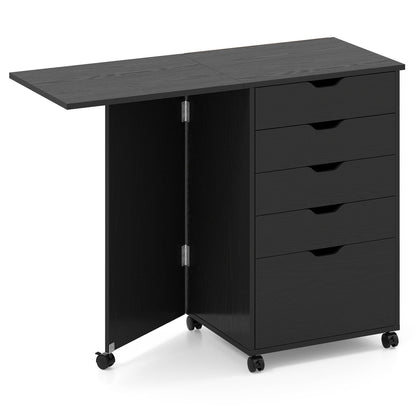 Folding Desk with Storage Drawers and Wheels for Dorms Apartments-Black