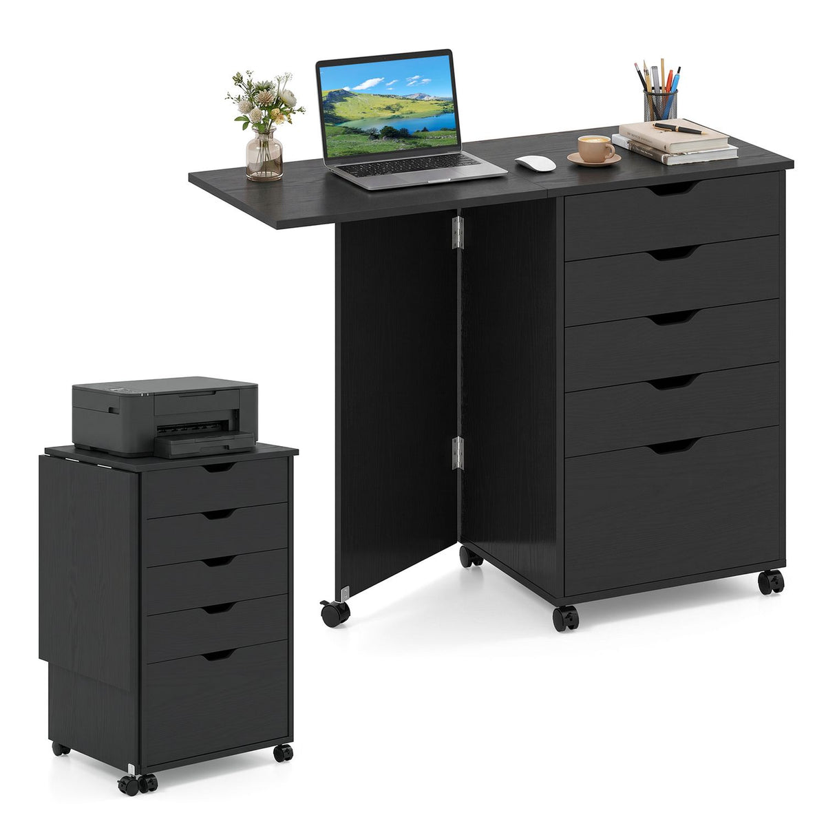 Folding Desk with Storage Drawers and Wheels for Dorms Apartments-Black