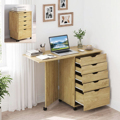 Folding Desk with Storage Drawers and Wheels for Dorms Apartments-Black