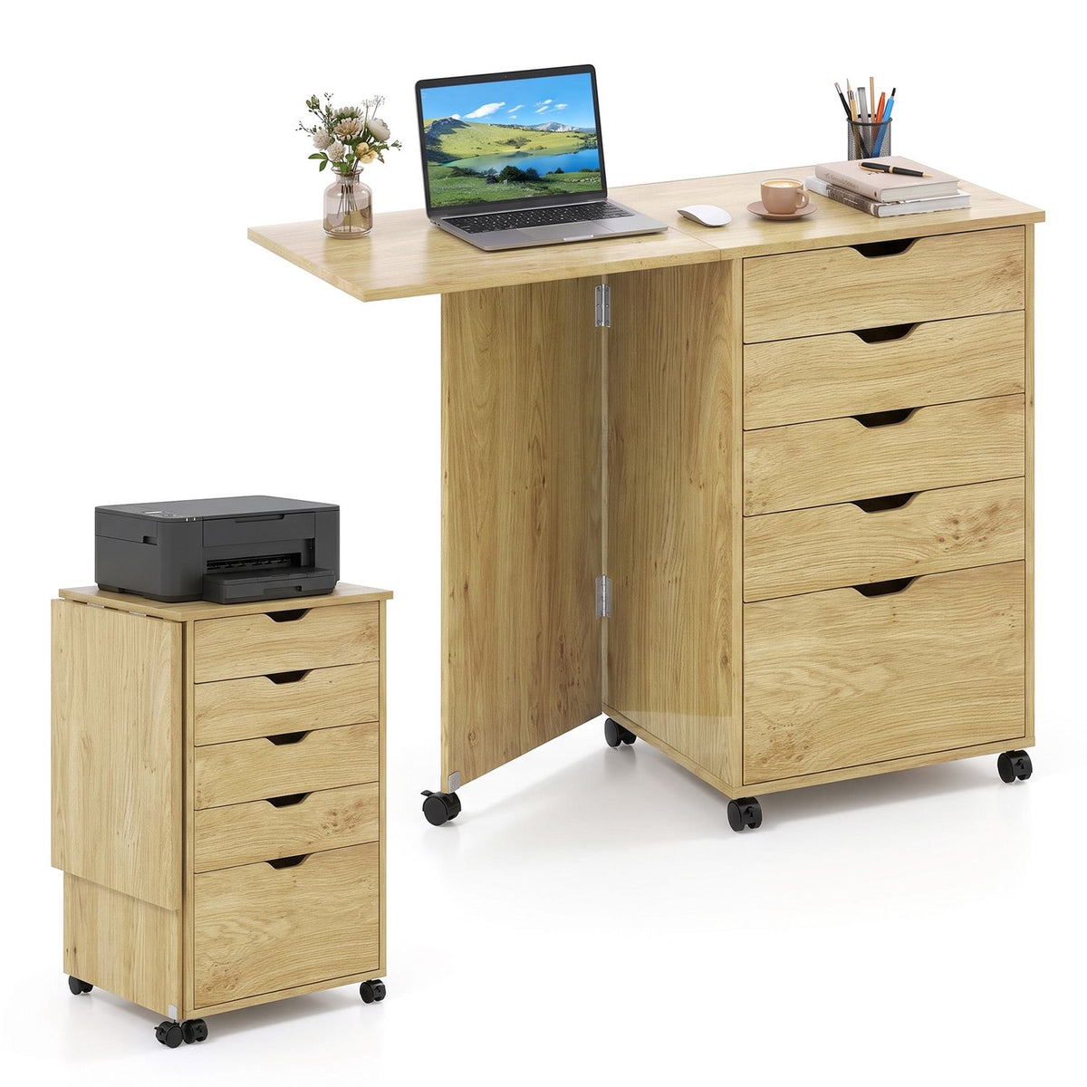 Folding Desk with Storage Drawers and Wheels for Dorms Apartments-Black