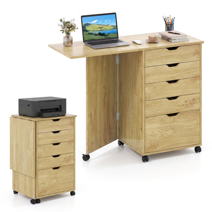 Folding Desk with Storage Drawers and Wheels for Dorms Apartments-Black